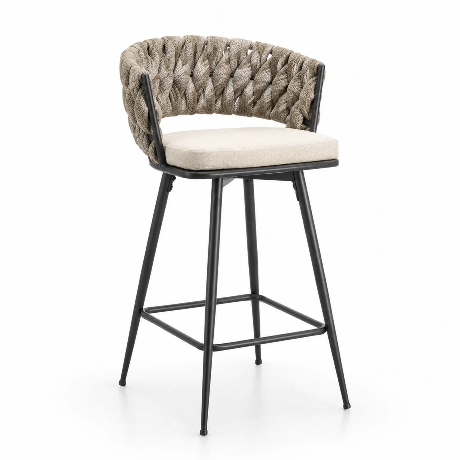 Tabouret de bar en métal avec dossier en corde tressée beige