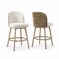 Tabouret de bar en tissu peluche avec dossier en corde et pieds en bois 95 cm Blanc/Beige