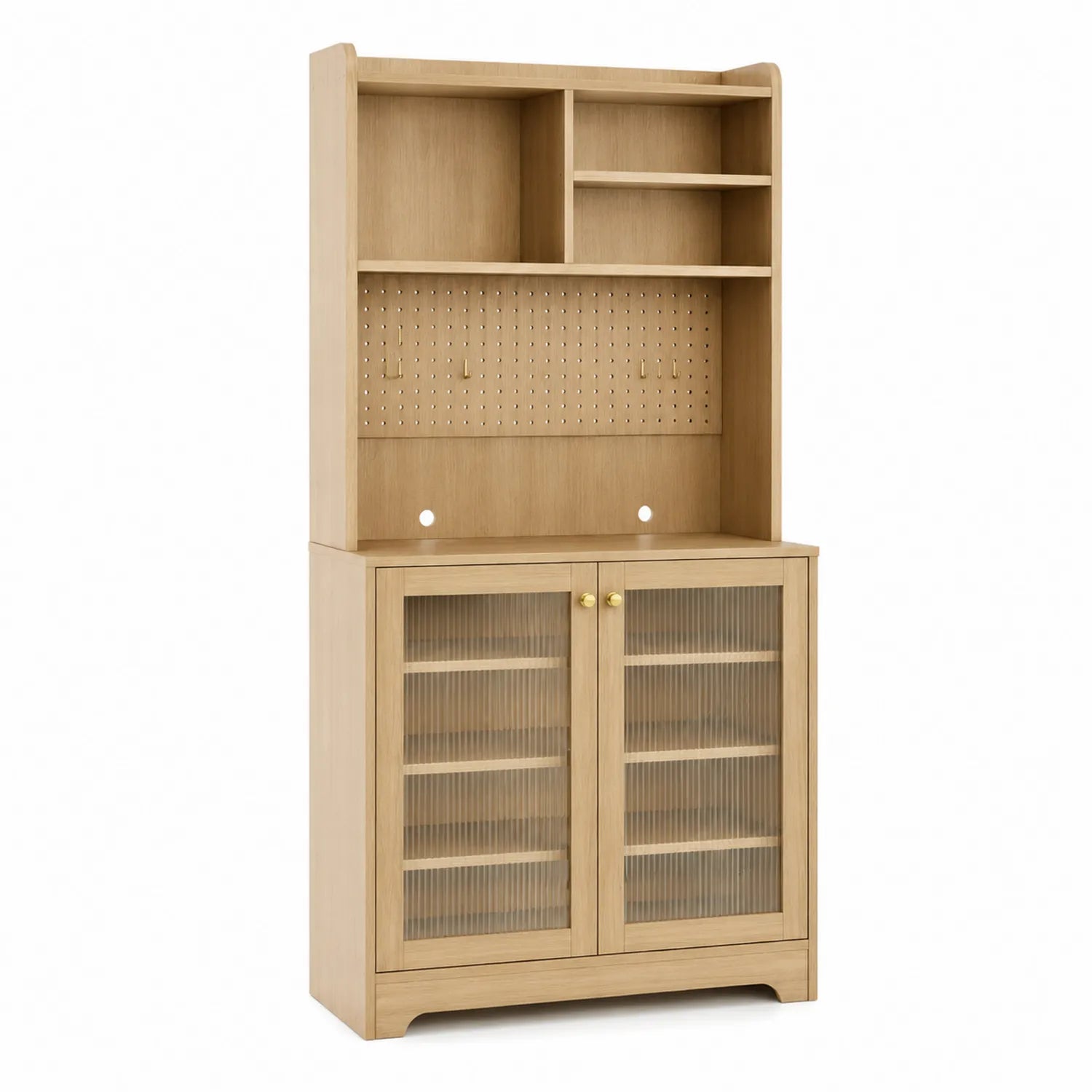 Buffet de cuisine en bois clair avec portes en verre cannelé, 180x80x40 cm