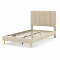 Lit simple en tissu avec tête de lit et pieds en bois 90x200 cm