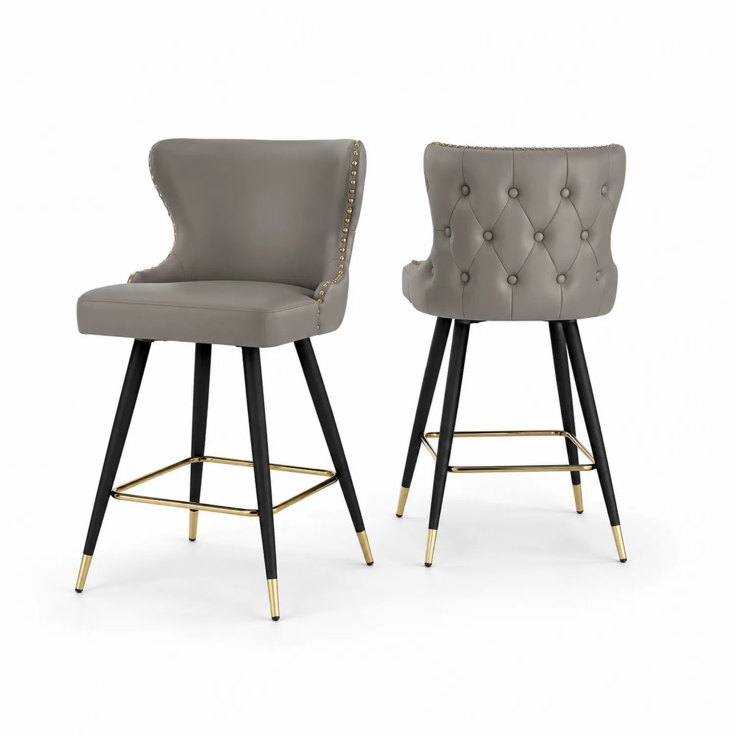Tabourets de bar en cuir synthétique gris avec pieds en métal noir et or