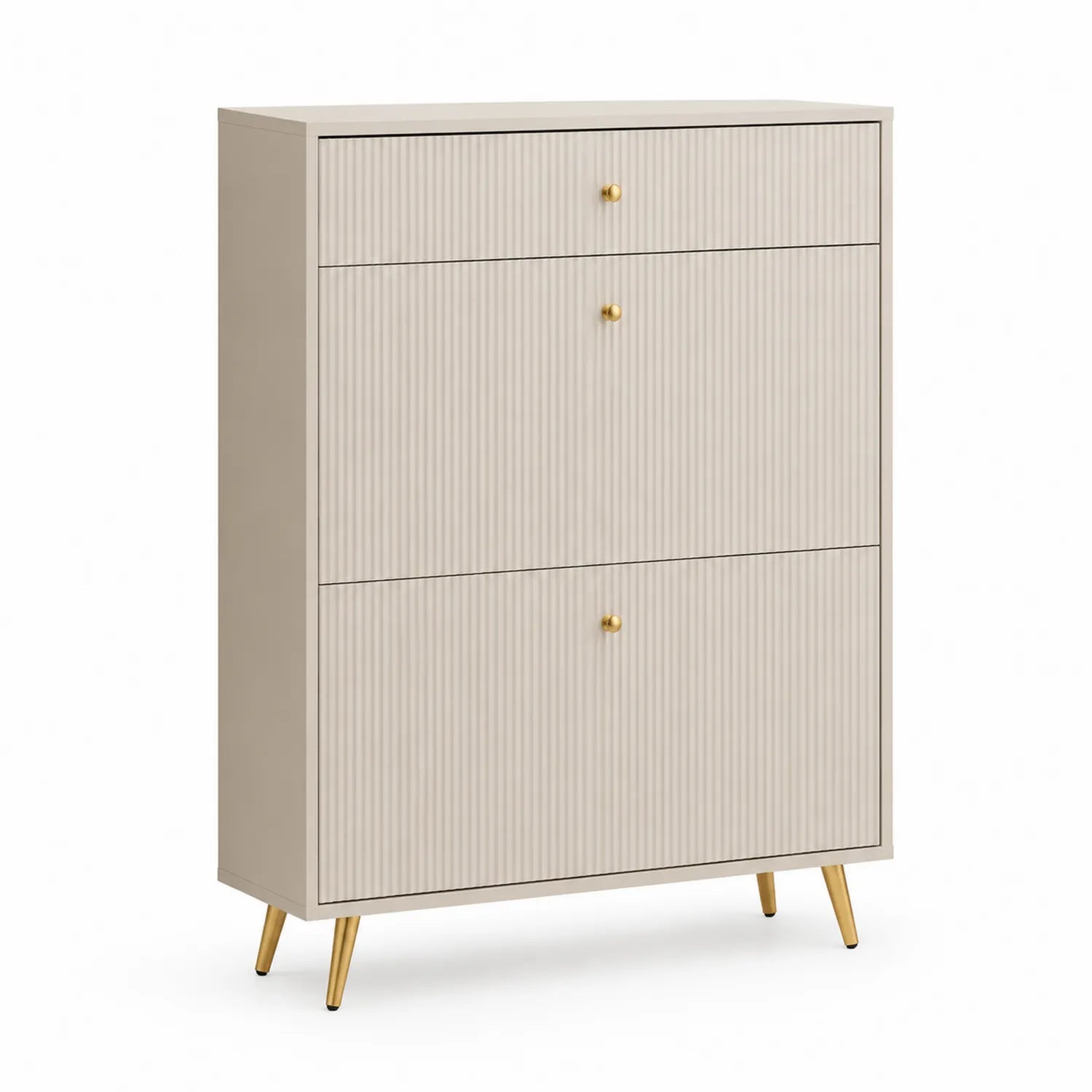 Meuble à chaussures en MDF beige avec pieds métalliques dorés