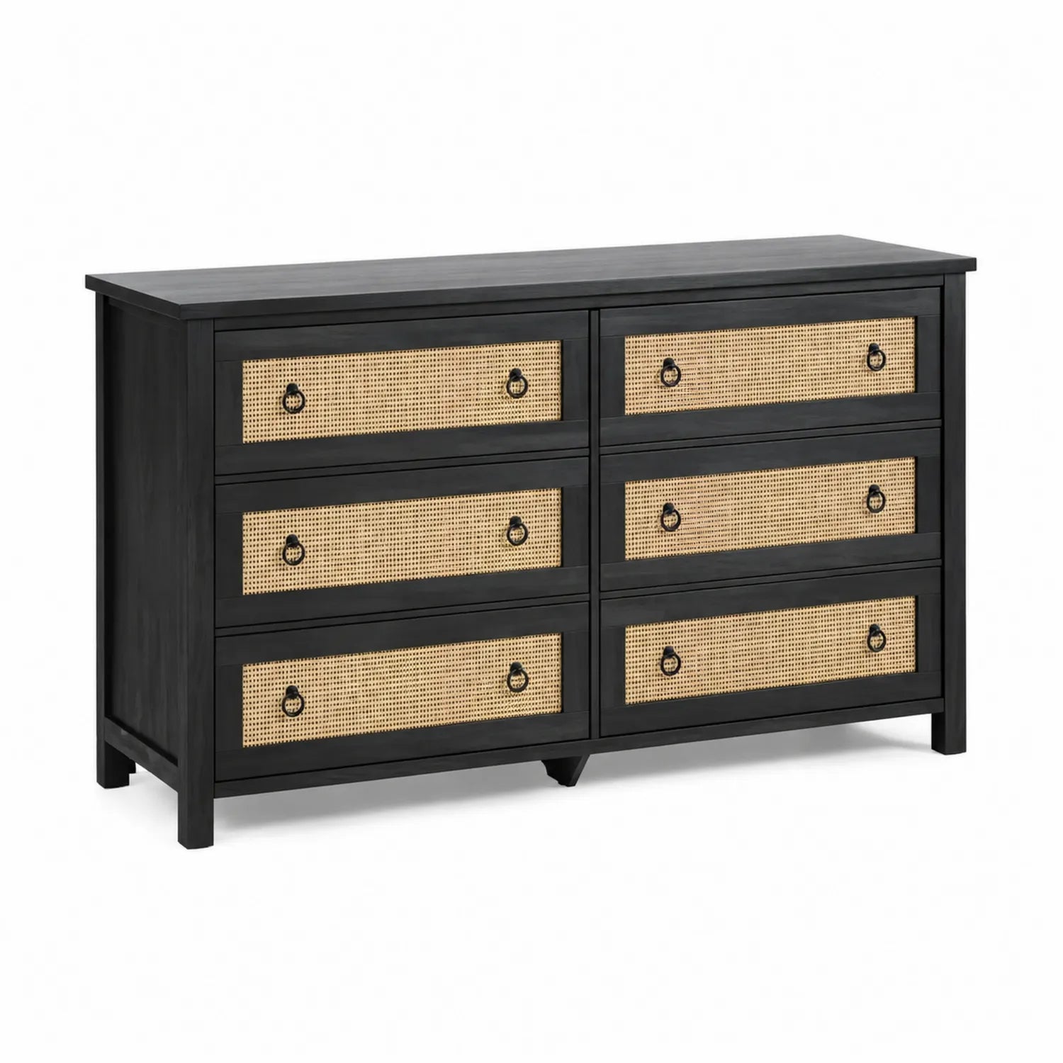 Commode en bois avec façades en rotin et poignées en métal 6 tiroirs
