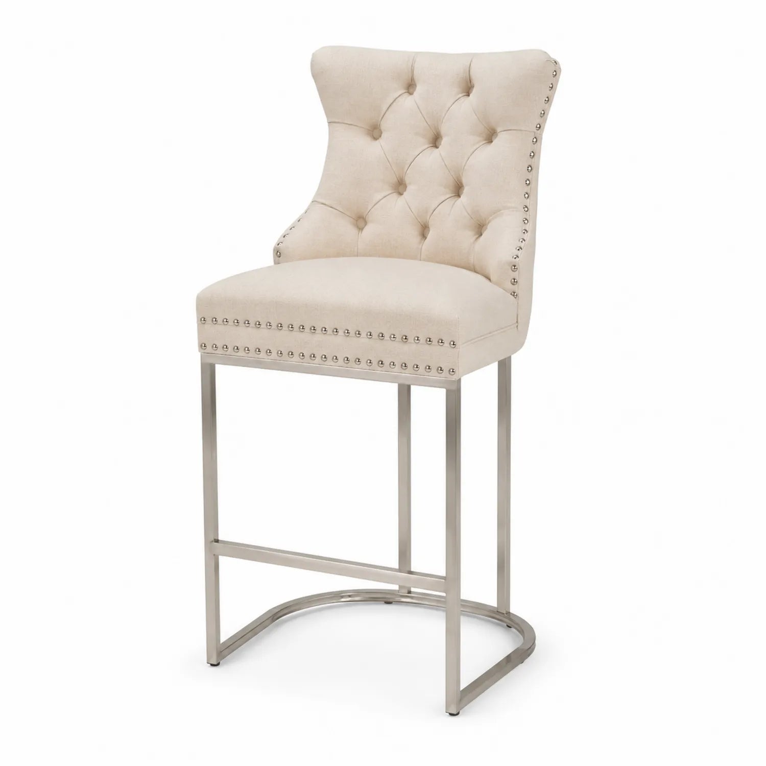 Tabouret de bar en tissu beige avec structure en acier inoxydable