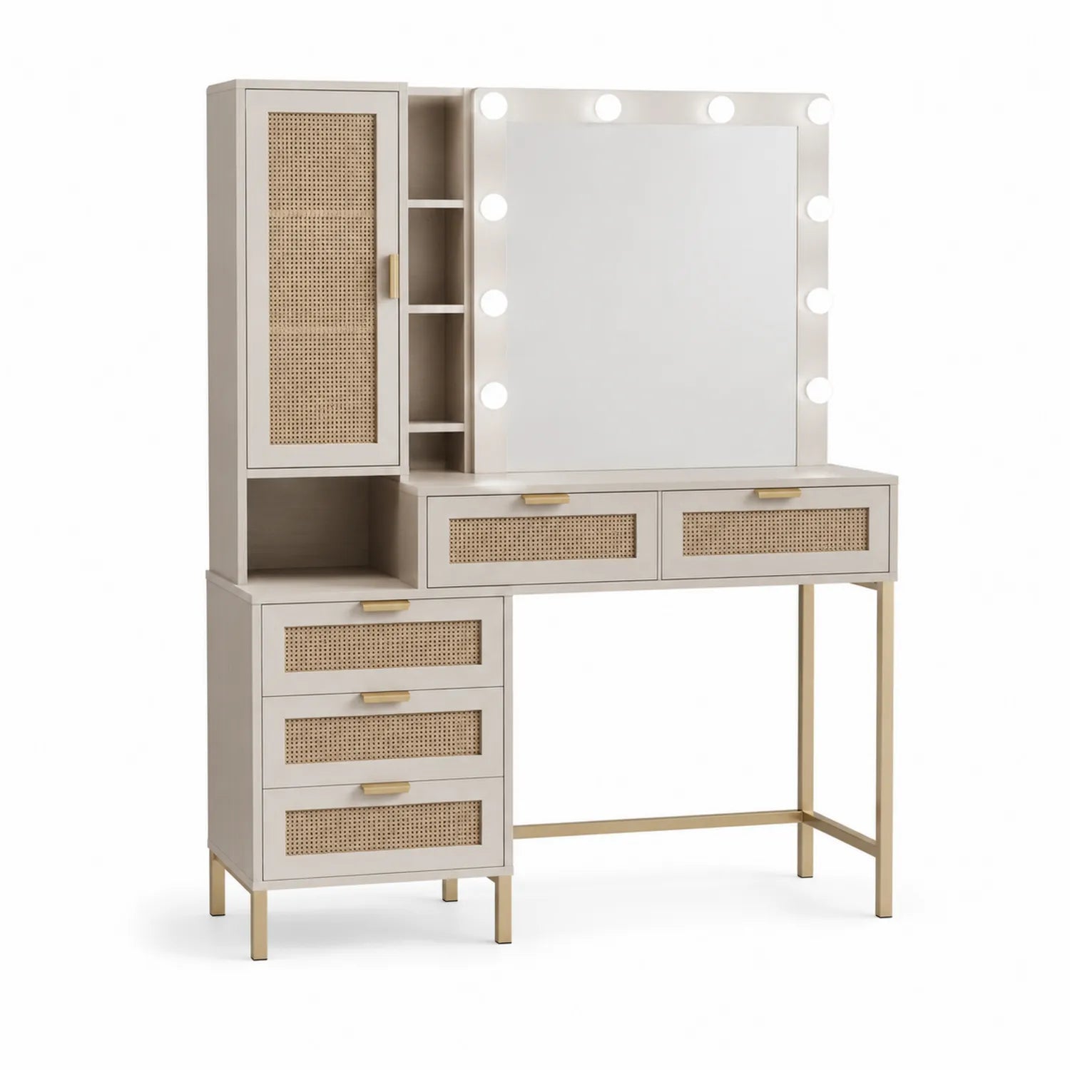 Coiffeuse en bois avec miroir éclairé et tiroirs en rotin