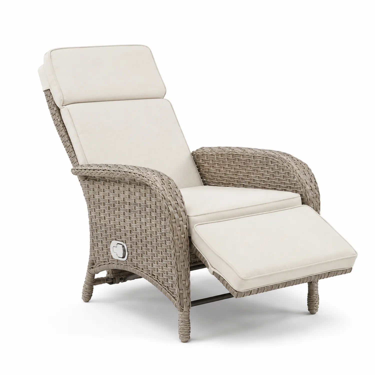 Chaise longue inclinable en résine tressée beige avec coussin