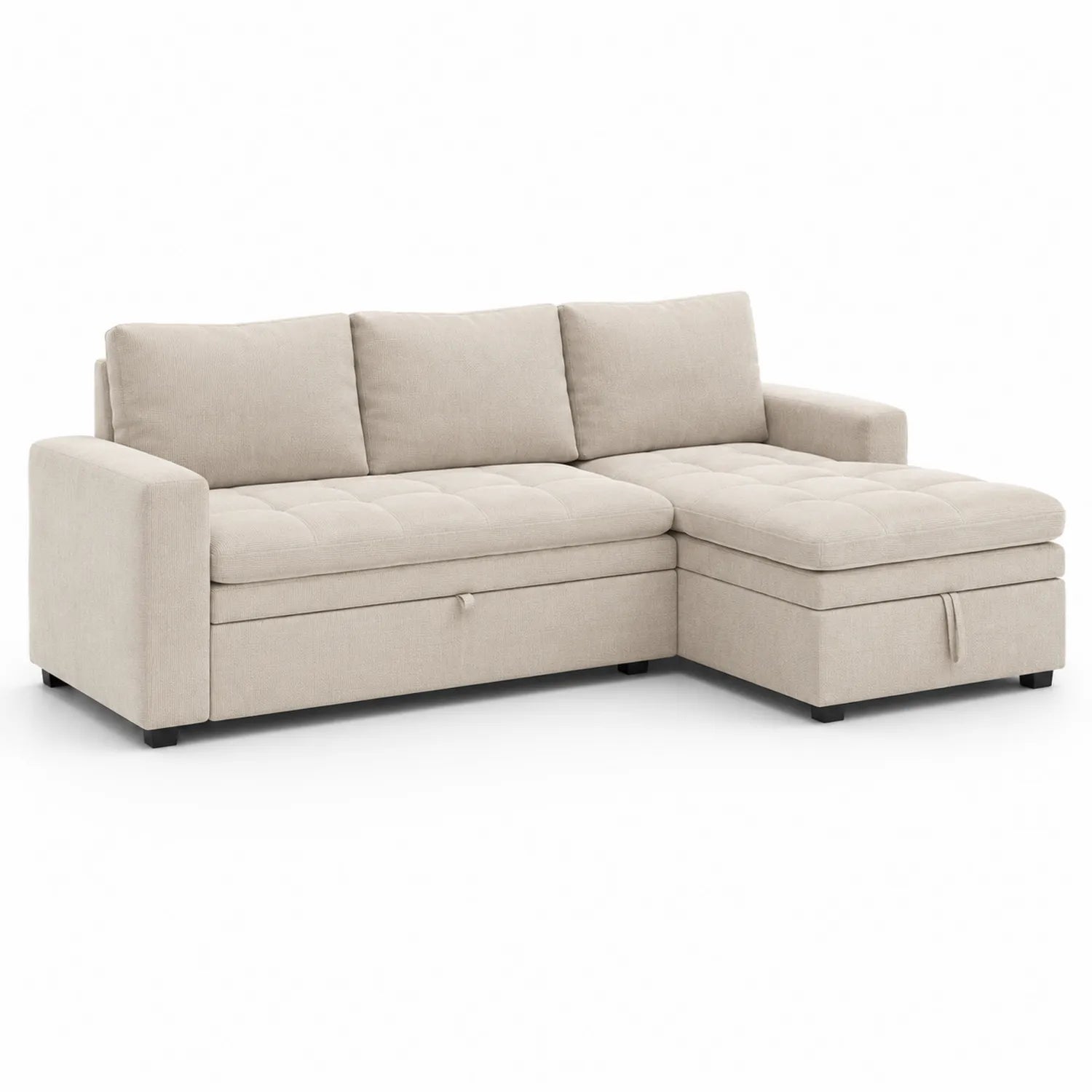 Canapé d'angle en tissu beige avec méridienne et rangement 230x150 cm