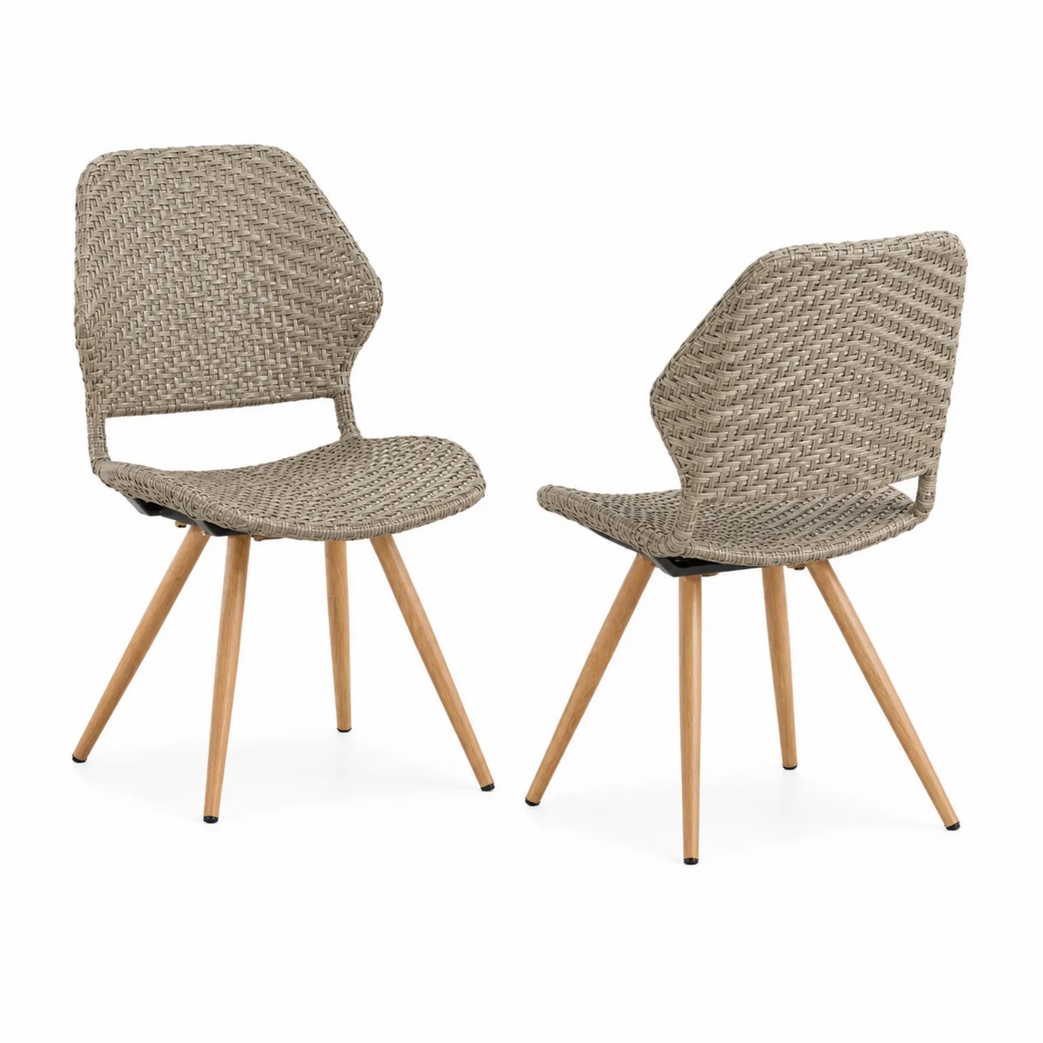 Chaise d'extérieur en résine tressée beige avec pieds en bois, lot de 2, hauteur 80 cm