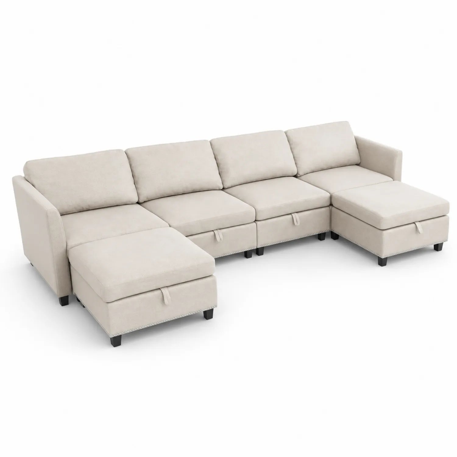 Canapé d'angle modulaire en tissu polyester beige avec méridiennes