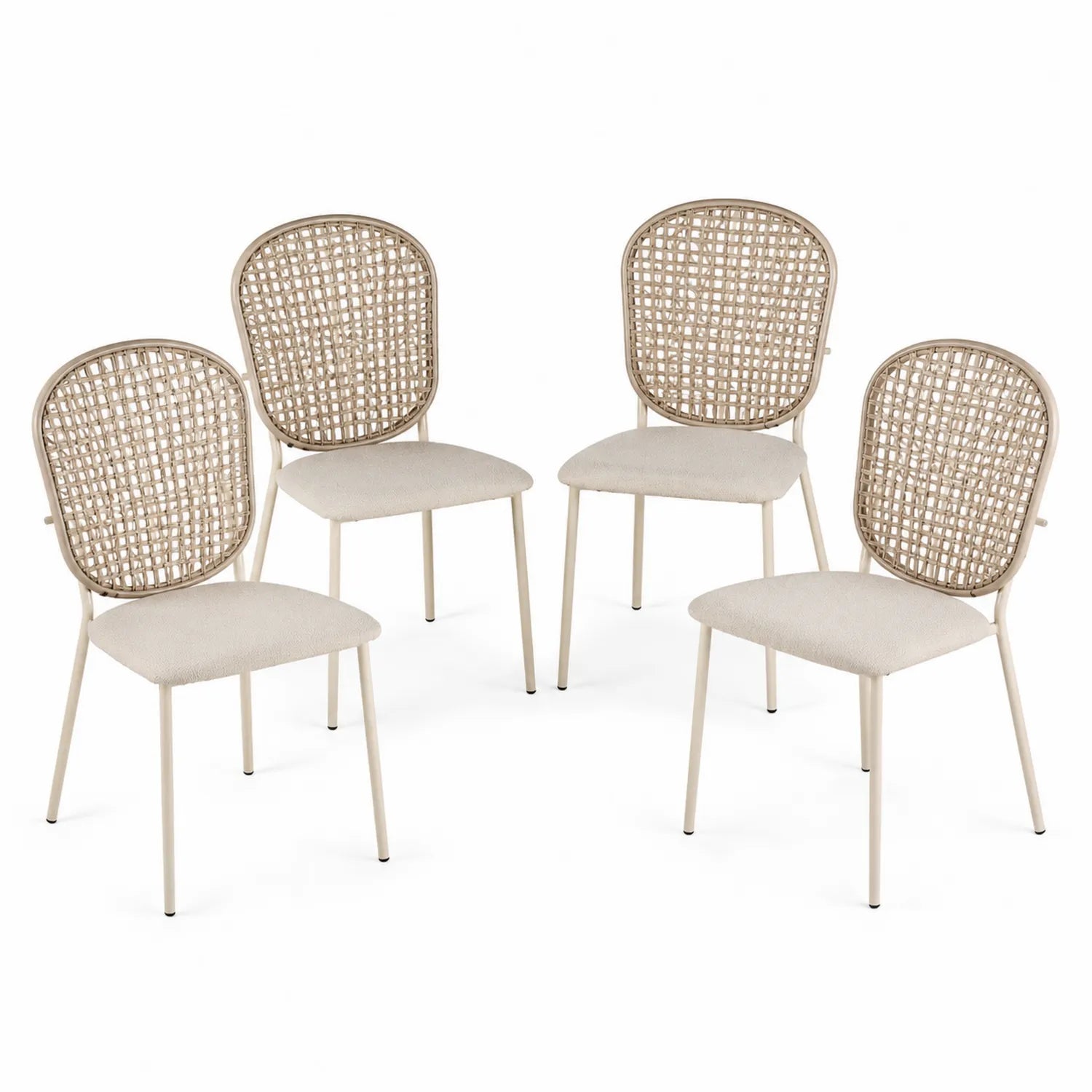 Lot de 4 chaises en métal et rotin tressé beige