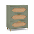 Commode en bois MDF avec tiroirs en rotin et poignées en métal doré, vert olive