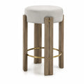 Tabouret de bar rond en tissu lin beige et bois chêne avec repose-pieds en métal doré, hauteur 75 cm