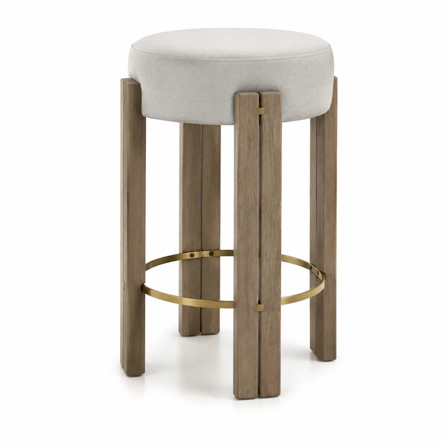 Tabouret de bar rond en tissu lin beige et bois chêne avec repose-pieds en métal doré, hauteur 75 cm