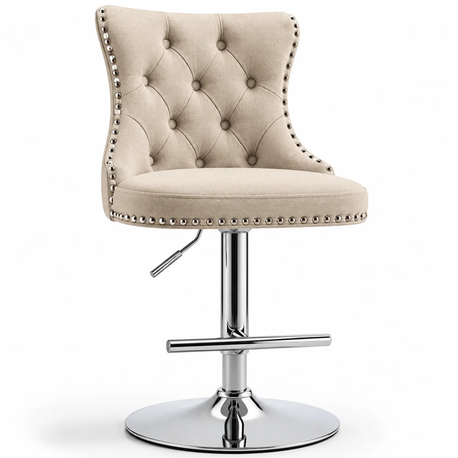 Tabouret en lin beige avec base en métal chromé réglable