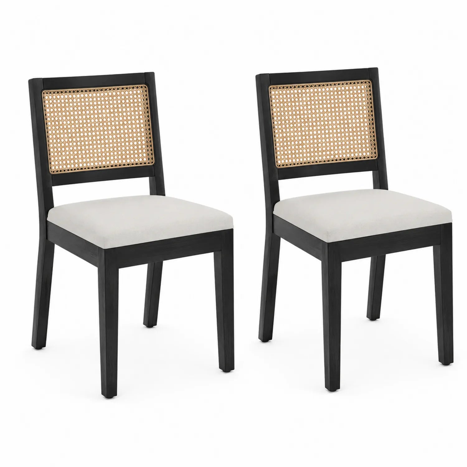 Lot de 2 chaises en bois et rotin noir et blanc