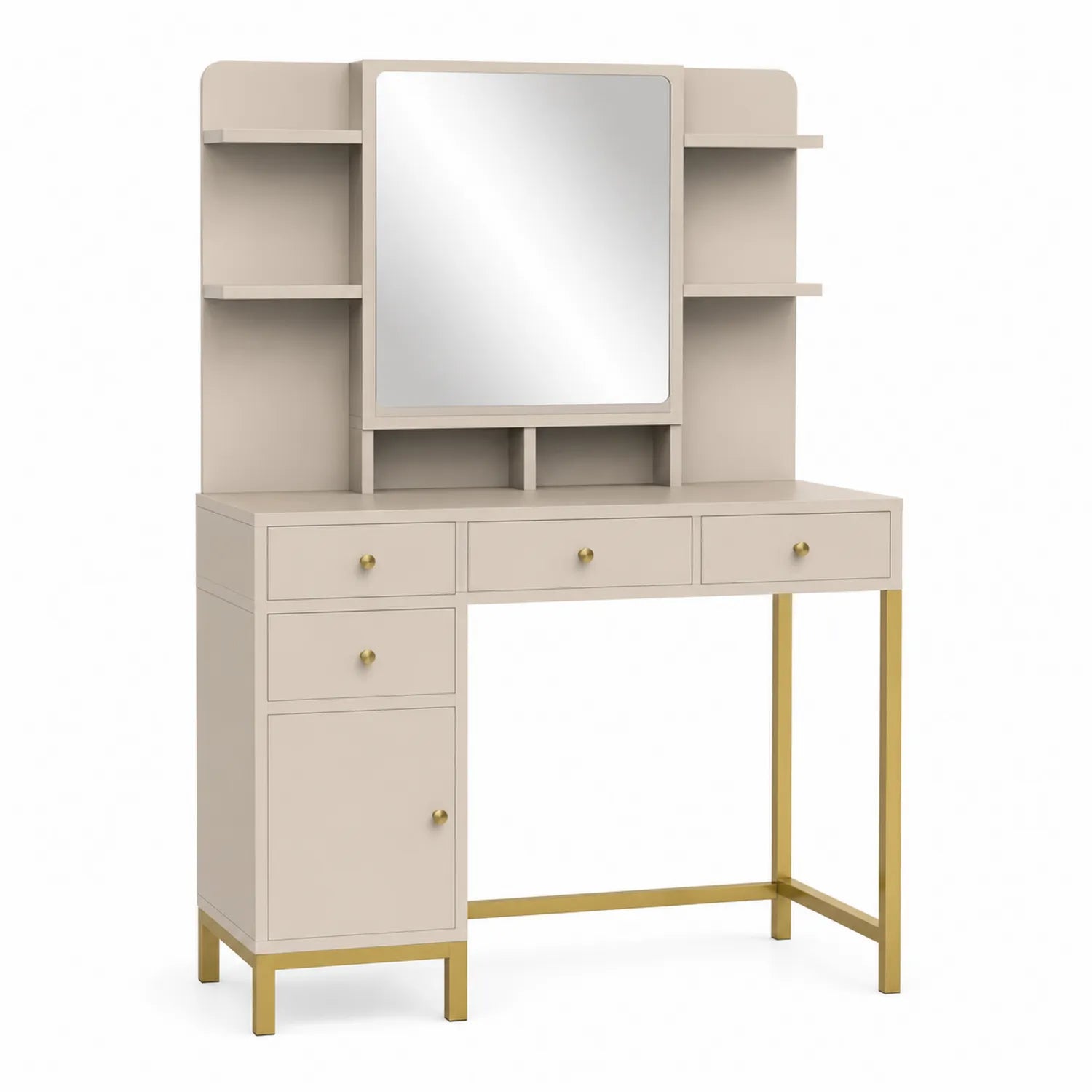 Coiffeuse en bois MDF beige avec miroir et étagères