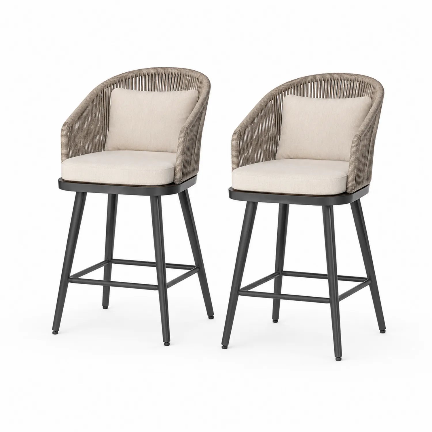 Tabourets de bar en aluminium avec assise en polyester beige, ensemble de 2