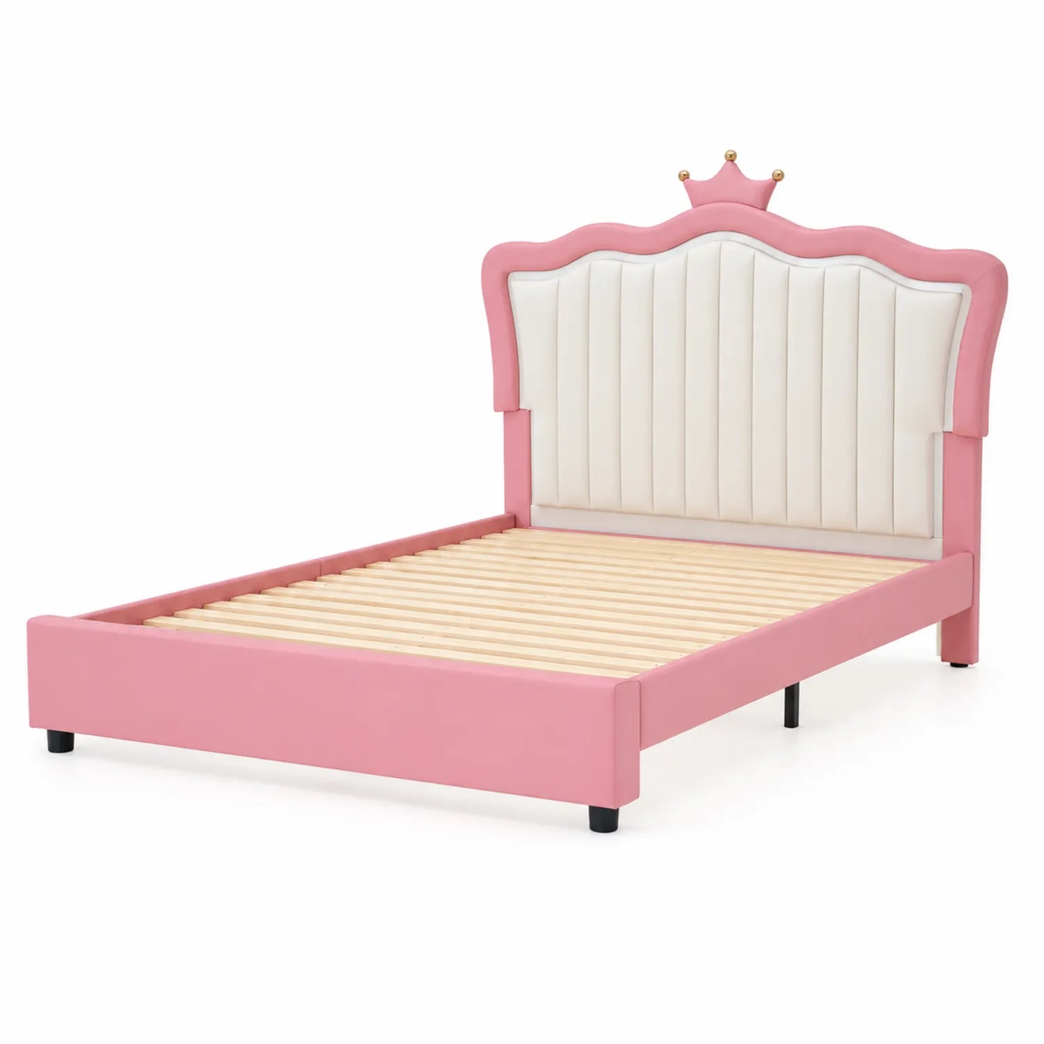 Lit enfant en bois avec tête de lit en simili cuir rose et blanc 200cm x 90cm