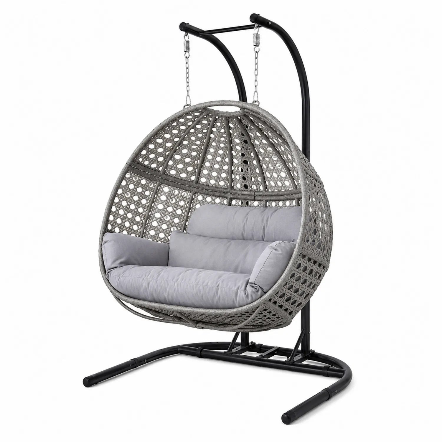 Chaise suspendue osier gris coussins polyester cadre acier 120x110x200 cm