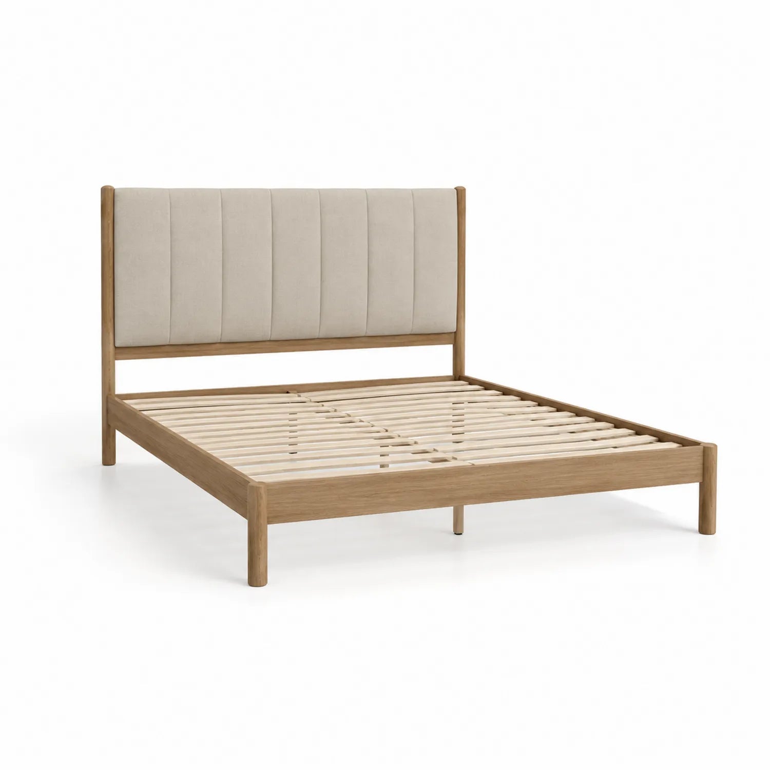 Lit double en bois de chêne avec tête de lit en tissu beige 200x160 cm