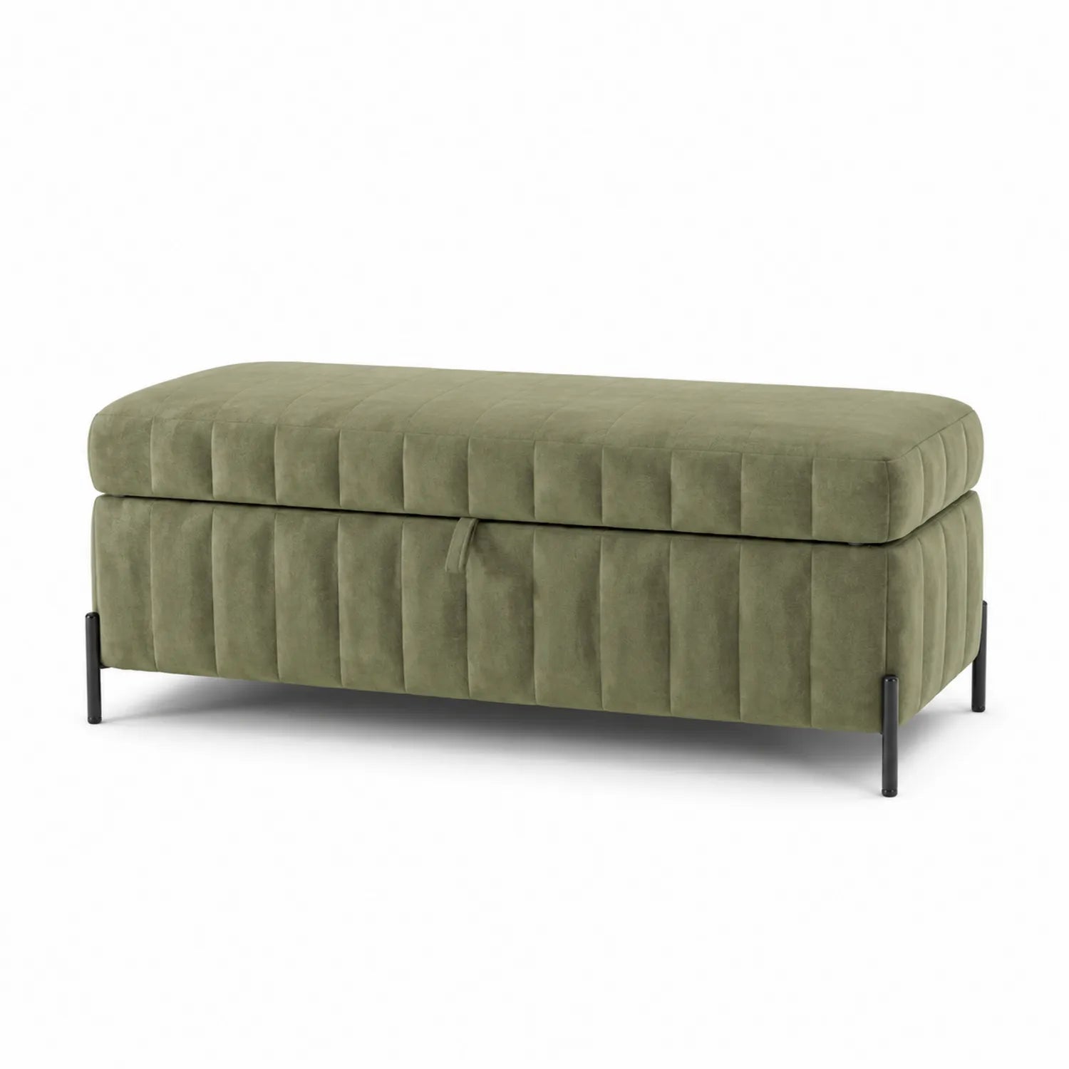 Banc de rangement en velours vert avec pieds en métal