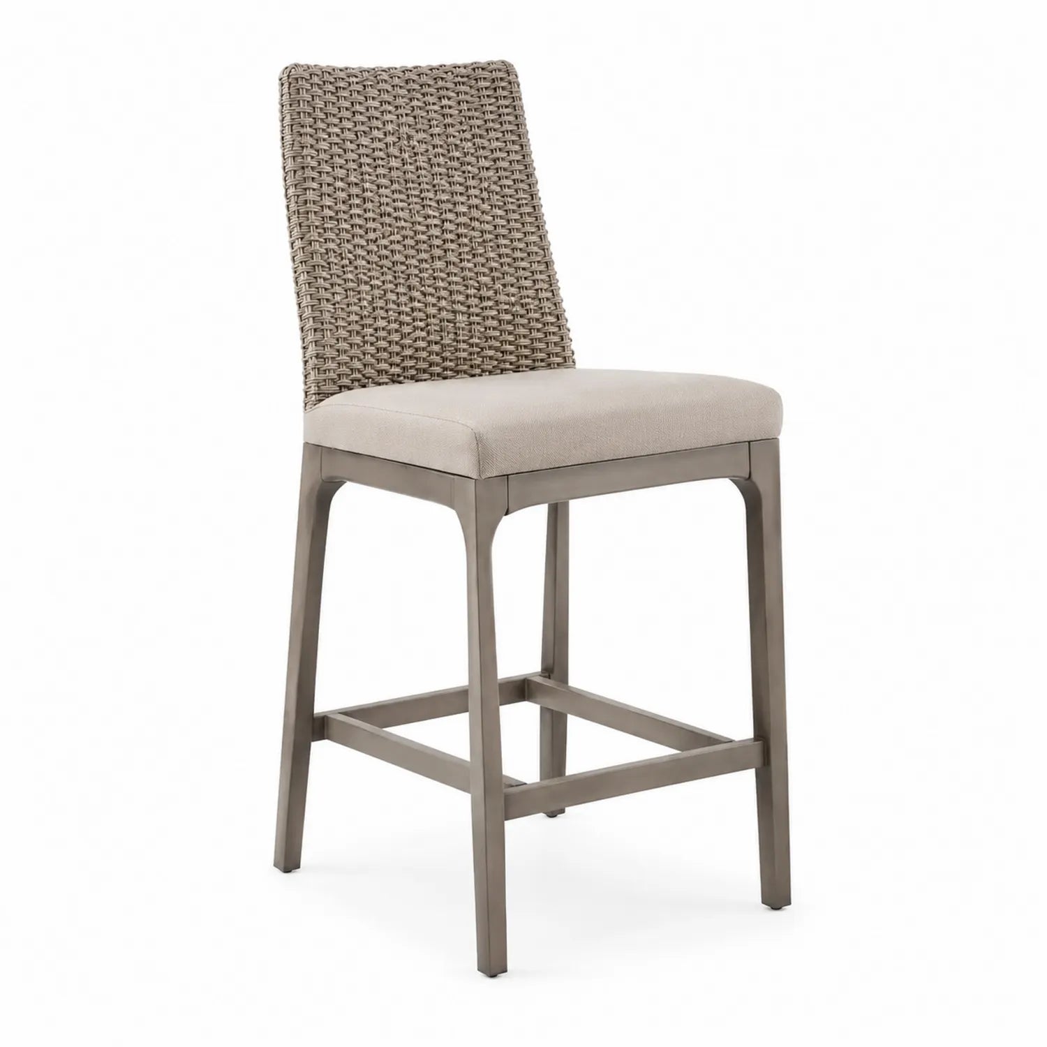 Tabouret de bar en métal avec dossier tressé et coussin en tissu beige 101cm