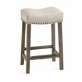 Tabouret de bar en bois et tissu beige avec clous 75cm