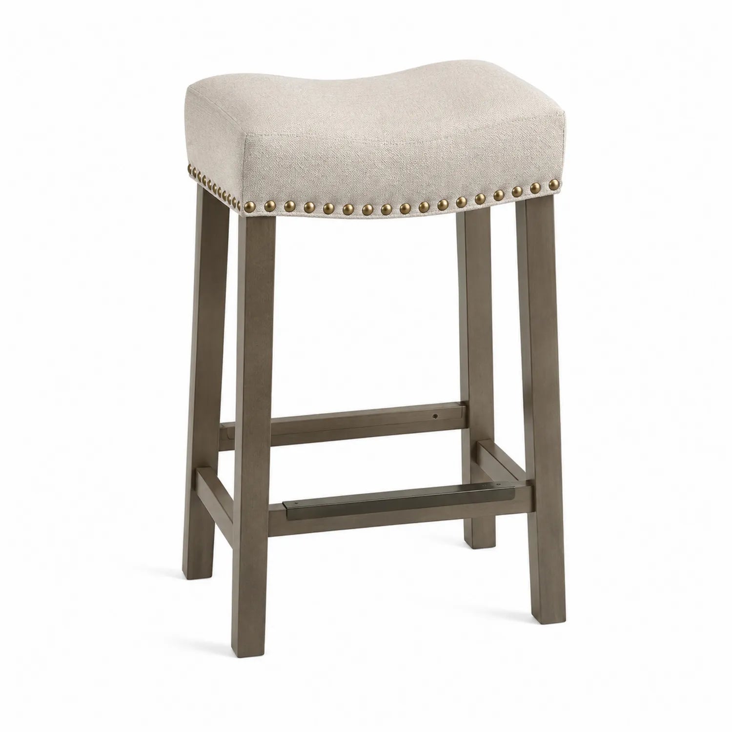 Tabouret de bar en bois et tissu beige avec clous 75cm