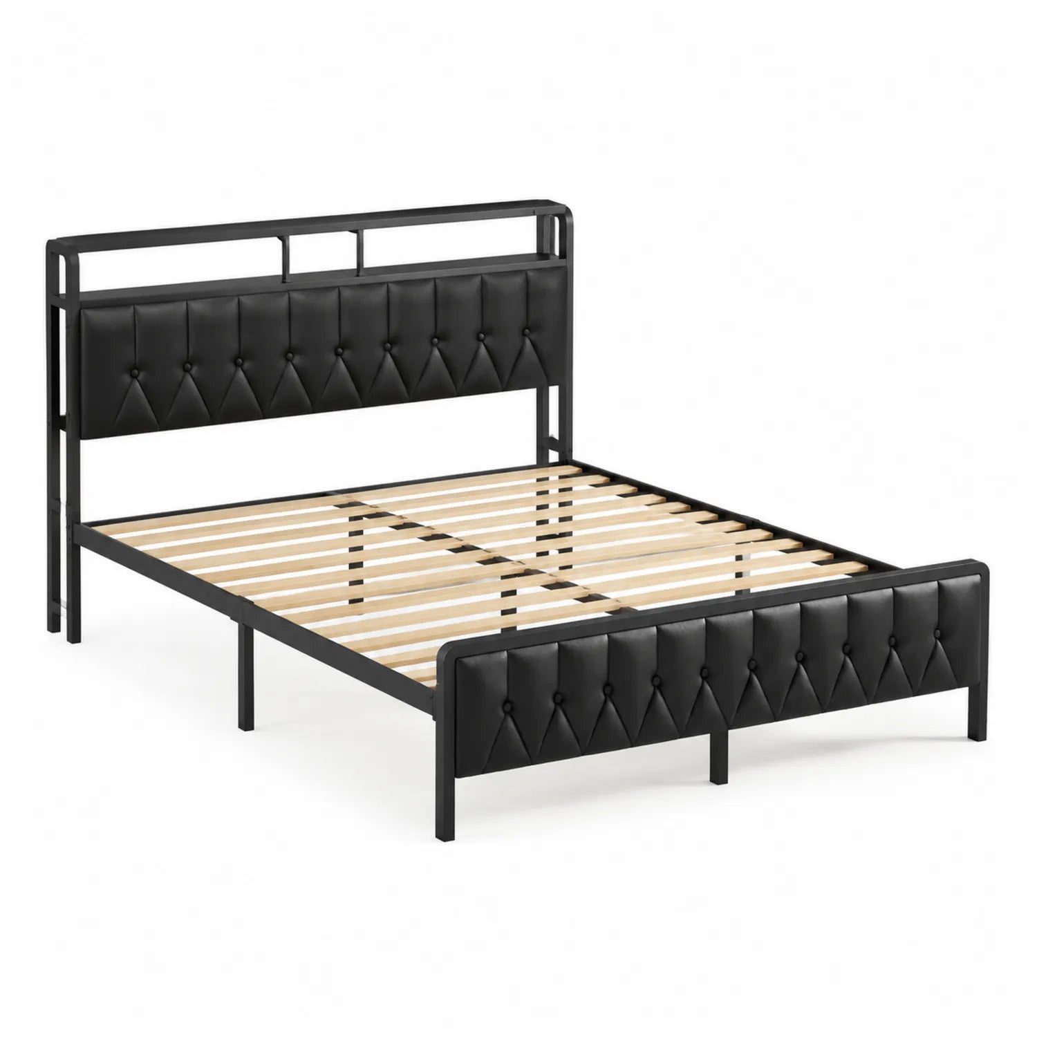 Lit Double Métal Cuir Synthétique Noir 140x200 cm
